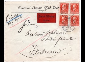 Bayern 1916, MeF 4x10 Pf. auf portorichtigem Express Brief v. Bad Dürkheim