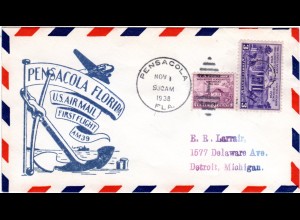 US 1938, Pensacola Erstflug Stpl. m. Anker, Brief m. 2 Marken