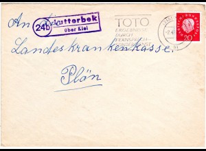 BRD 1960, Landpost Stpl. 24b LUTTERBEK über Kiel auf Brief m. 20 Pf. n. Plön.