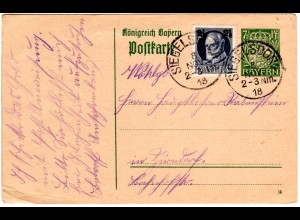 Bayern 1918, K1 SIEGELSDORF auf Ganzsache m. Zusatzfr. n. Zirndorf. Geprüft.