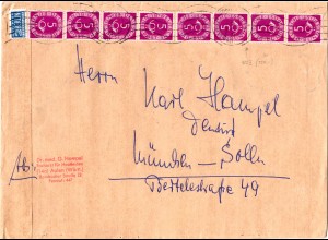 BRD 1953, MeF 8x5 Pf. Posthorn auf Brief v. Aalen, dabei Plattenfehler 125 I !!
