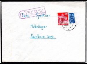 BRD 1951, Landpost Stpl. 13a WEINGARTS über Forchheim auf Brief m. 20 Pf.