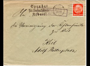 DR 1934, Landpost Stpl. HASSELDIEKSDAMM über Kiel auf Brief m. 8 Pf.