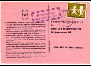 Saarland 1958, Landpost Stpl. KOSTENBACH über Wadern auf Karte m. 12 F. 