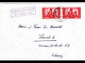 Saarland 1956, Landpost Stpl. LUDWEILER B über Völklingen auf Brief m. MeF 15 F.