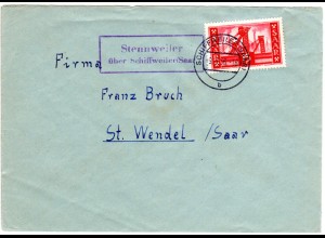 Saarland 1956, Landpost Stpl. STENNWEILER über Schiffweiler auf Brief m. 15 F.