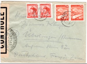 Österreich 1948, je Paar 10+40 G. auf Zensur Brief v. PFUNDS n. Deutschland