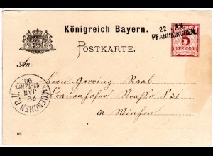 Bayern 1890, L2-Aushilfstpl. PFARRKIRCHEN klar auf 5 Pf. Ganzsache