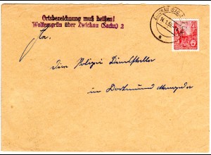 DDR 1959, Landpost Stpl. WOLFERSGRÜN über Zwickau auf Brief m. 20 Pf.