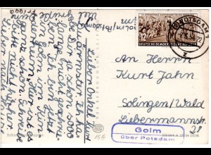 DDR 1954, Landpost Stpl. GOLM über Potsdam auf Karte m. 12 Pf. i.d. BRD