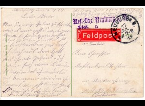 Bayern 1915, Feldpostkarte v. Res.-Laz. Neuburg Stat. D., Dt.-nationale Farb-AK