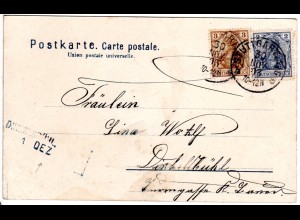 Bayern 1903, L2-Aushilfstpl. DINKELSBÜHL als Ank.Stpl. auf AK v. Stuttgart