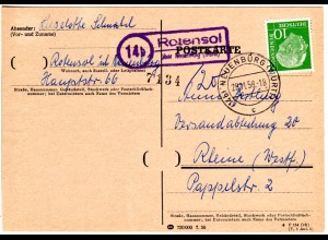 BRD 1958, Landpoststpl. ROTENSOL über Neuenbürg auf Karte m. 10 Pf. Heuss.