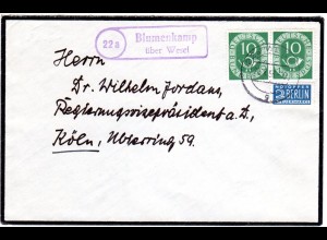 BRD 1953, Landpoststpl. 22a BLUMENKAMP über Wesel auf Brief m. 2x10 Pf.