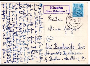 DDR 1957, Landpost Stpl. KLUEHS über Güstrow 1 auf Karte m. 10 Pf.
