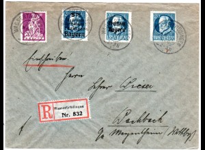 Bayern 1920, Reservestpl. WASSERTRÜDINGEN R auf Einschreiben Brief m. 4x20 Pf.