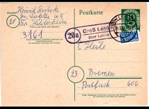 BRD 1954, Landpost Stpl. 20a GROSS LOBKE über Lehrte auf 10 Pf. Ganzsache 