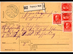 Bayern 1917, Posthilfstelle KARLSBACH Taxe Waldkirchen auf Paketkte m. MeF 15 Pf