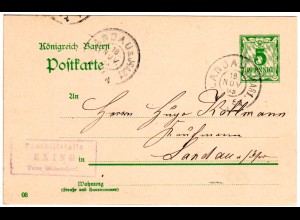 Bayern 1903, Posthilfstelle EXING Taxe Eichendorf auf Ganzsache m. K2 Landau