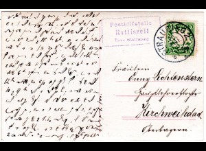 Bayern 1910, Posthilfstelle RATTISZELL Taxe Stallwang auf Karte m. 5 Pf