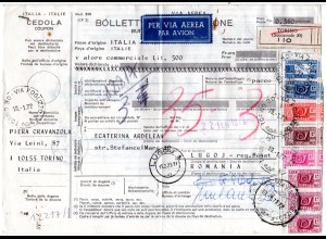 Italien 1972, Luftpost Paketkarte m. 8 Marken v. Torino n. Rumänien