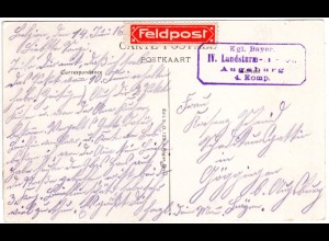 Bayern 1916, Feldpostkarte m. Briefstpl. Kgl. Bay. Landsturm-Abtlg. AUGSBURG