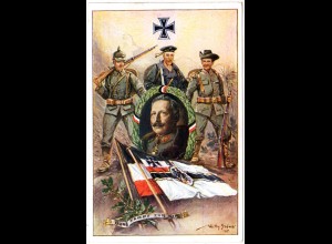 WK I, ungebr. Farb-AK m. Kaiser, Kolonial-, Matrosen- u. Infanterie-Kämpfern