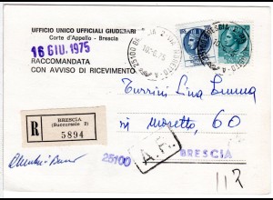 Italien 1975, 70+200 L. auf Reko-AR Orts Postkarte v. Brescia