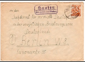 1948, Landpost Stpl. HAUSEN über Heilbronn auf Suchdienst Brief m. 24 Pf