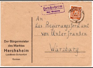 1948, Landpost Stpl. HERCHSHEIM über Würzburg auf Bürgermeister Brief m. 24 Pf