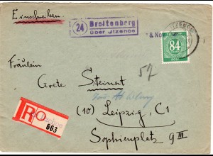 DR 1946, Landpost Stpl. 24 BREITENBERG über Itzehoe auf Reko Brief m. 84 Pf.