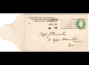 GB 1912, 1/2d stationery envelope The Gas Light And Coke Company, used in London