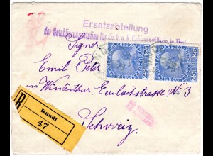 Österreich 1916, Paar 25 H. auf Militär-Reko Brief m. K1 KUNDL i.d. Schweiz