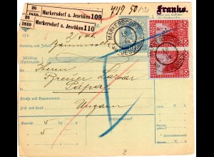 Österreich 1914, Paar 60 H. auf Paketkarte v. Markersdorf am Jeschken n. Ungarn.