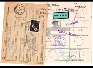 Norwegen 1972, Paketkarte v. Oslo m. Schweden 4 Kr. Porto u. Zollgebühr