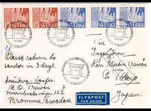 Schweden 1957, 3x90+2x15 öre auf Flug Brief v. Stockholm n. Tokio, Japan.