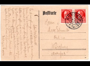 Bayern 1920, MeF 2x15 Pf. lebhaftkarminrot auf Karte v. München 31. Geprüft