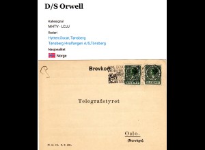 NL 1937, 2x5 C. auf Norwegen Radiotelegrafist Karte Schiff S/S Orwell