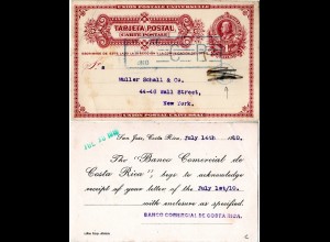 Costa Rica 1910, gebr. 4 C. Ganzsache m. rücks. Bank Zudfruck