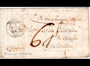 Frankreich 1837, Porto Brief v. BAYONNE n. Algerien via Oloron, Zaragoza, Madrid