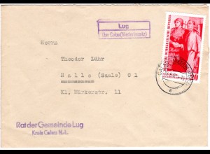 DDR 1960, Landpost Stpl. LUG über Calau (Niederlausitz) auf Brief m. 20 Pf.