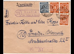 1946, Landpoststempel 16 REPTICH über Borken auf Reko Brief m. 12+3x24 Pf.