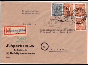 1946, Landpoststempel 16 REDDIGHAUSEN über Frankenberg auf Einschreiben Brief.
