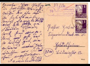 SBZ 1949, Landpoststempel 10b ZEHMEN über Gaschwitz auf Karte m. 2x6 Pf.