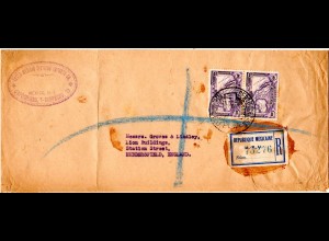 Mexiko 1924, MeF Paar 40 C. Landkarte auf Einschreiben Brief n. GB.