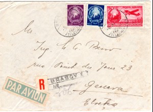 Rumänien 1949, 5+10+30 L. auf Luftpost Einschreiben Brief i.d. Schweiz. R-Label!