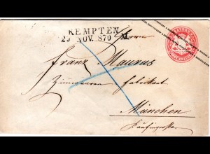 Bayern 1870, 3 Kr. Ganzsachenumschlag m. klarem L2 KEMPTEN