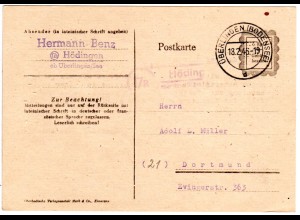 1946, Landpost Stpl. 17a HÖDINGEN über Überlingen auf 6 Rpf. Behelfs-Ganzsache