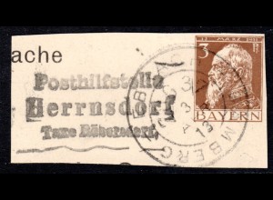 Bayern 1913, Posthilfstelle HERRNSDORF Taxe Röbersdorf auf Ganzsachenteil m. BP