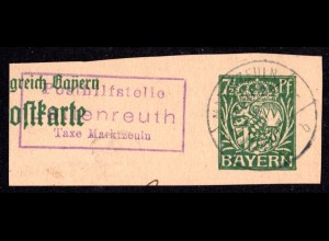 Bayern 1918, Posthilfstelle LETTENREUTH Taxe Marktzeuln auf Ganzsachenteil 